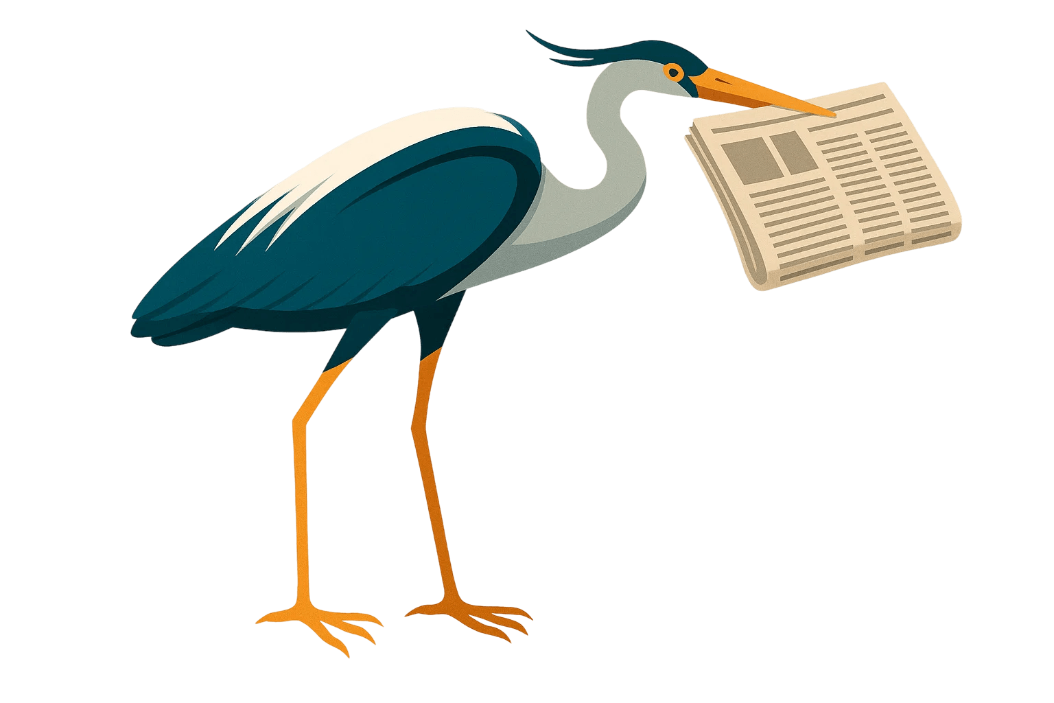Heron holding a newspaper